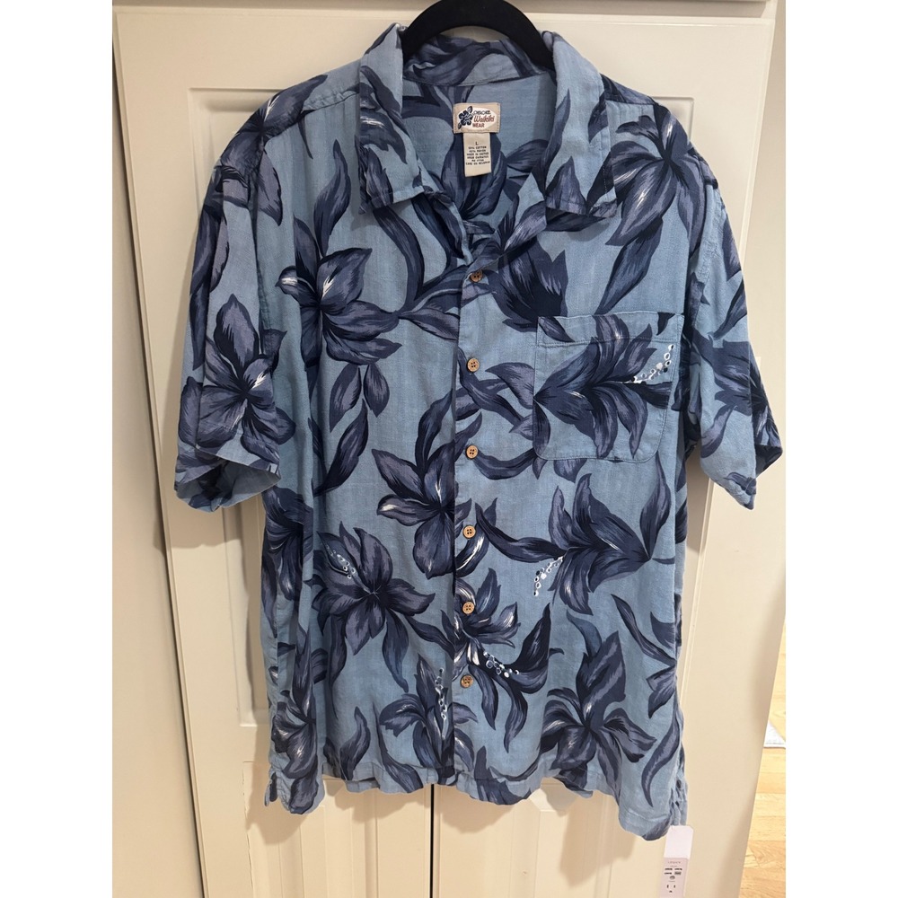 Cherokee Waikiki Wear Mens Floral Hawaiian Shirt Blue Button‎ Down Large